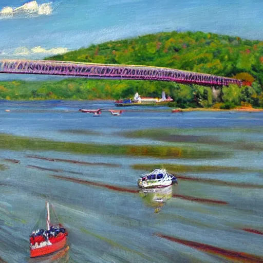 Prompt: impressionist painting of the Kingston-rhinecliff Bridge over the Hudson River with a red World War II bi-plane flying overhead