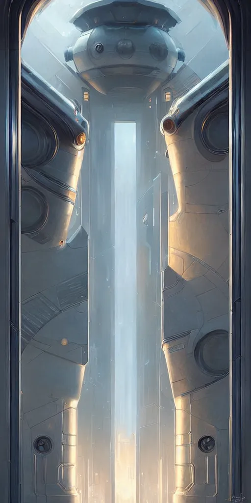 Image similar to hyper realistic art - deco sci - fi double door by jordan grimmer, darek zabrocki