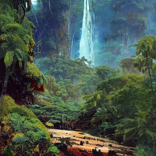 Prompt: detailed illustration of a lush natural scene on an alien planet by john berkey. beautiful landscape. weird vegetation. cliffs and water.