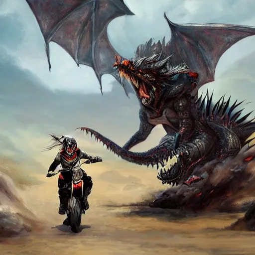 Prompt: a painting of a woman warrior riding a dirt bike in the middle of epic fantasy fight with a huge black dragon