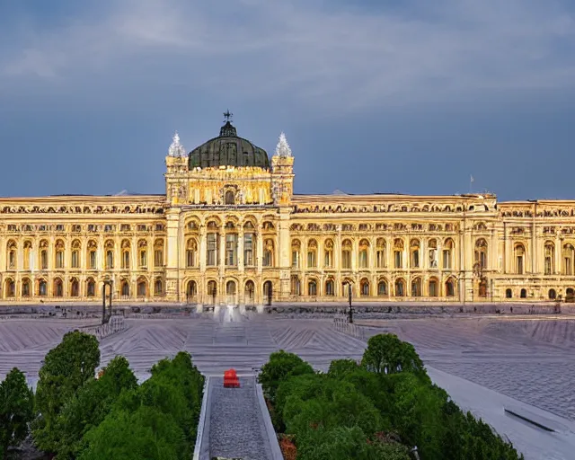 Image similar to 4 k hd, high resolution photograph of bucharest palace of parliament, full colour, shot with sigma f / 4. 2, 2 5 0 mm sharp lens, wide shot, high level texture render