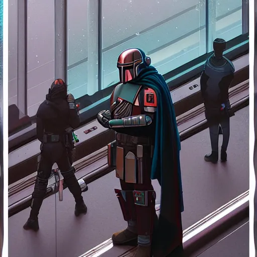 Image similar to a mandalorian waiting for a train at a train station, cyberpunk art by tomer hanuka, cgsociety, photorealism, matte drawing, digital illustration, digital painting