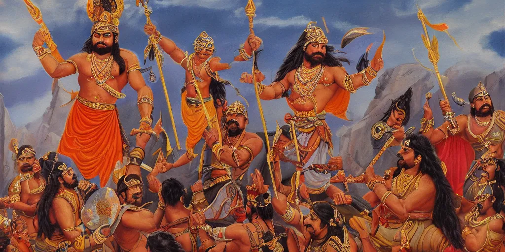 Prompt: a painting of bhima holding a mace and standing over slain duryodhan, mahabharat, an oil on canvas painting by ram chandra shukla, artstation, samikshavad, detailed painting, epic, oil on canvas