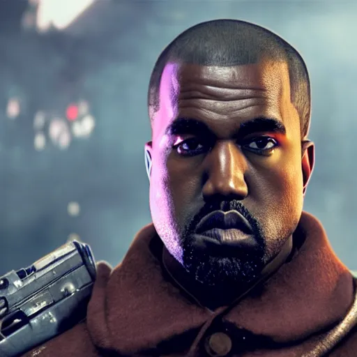 Image similar to Portrait of Kanye West as willy wonka in gears of war, splash art, movie still, cinematic lighting, dramatic, octane render, long lens, shallow depth of field, bokeh, anamorphic lens flare, 8k, hyper detailed, 35mm film grain