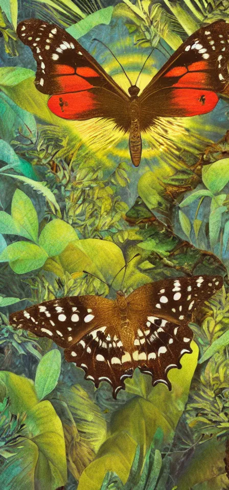 Prompt: butterfly in the lichen rainforest. gouache and gold leaf work by the award - winning mangaka, bloom, chiaroscuro, backlighting, depth of field.