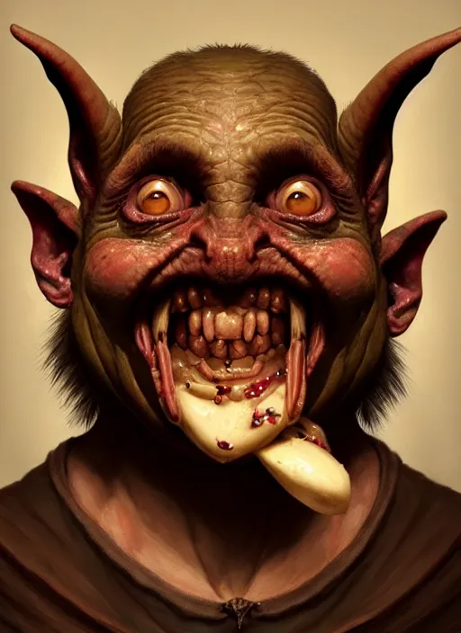 Image similar to portrait of a medieval goblin eating cakes, beautiful face, hyper realistic, highly detailed, digital painting, artstation, illustration, concept art by hyung tae and frank frazetta, digital paint, matte paint, washed colors, dark, gloomy