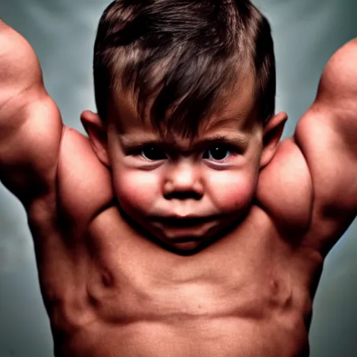 Image similar to huge muscles bodybuilder toddler, angry, ready to fight, clenched fists, red face, 2 years old, steroids, barrel chested, rippling muscles, huge veins, bulging muscles, ripped, award winning photography, high detail