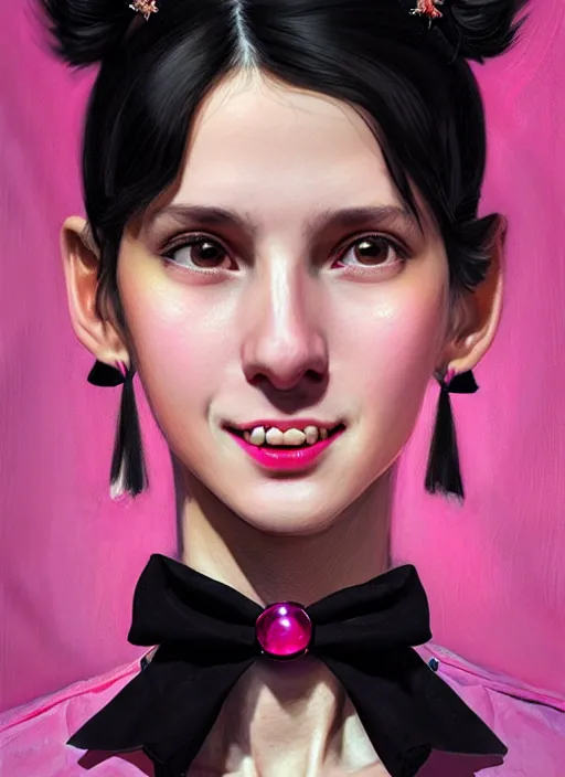 Image similar to portrait of high school girl, realistic, black hair, bangs, half updo hairstyle, pointy nose, skinny, smile, ugly, defined jawline, big chin, pink hair bow, earrings, intricate, elegant, glowing lights, highly detailed, digital painting, artstation, sharp focus, illustration, art by wlop, mars ravelo and greg rutkowski