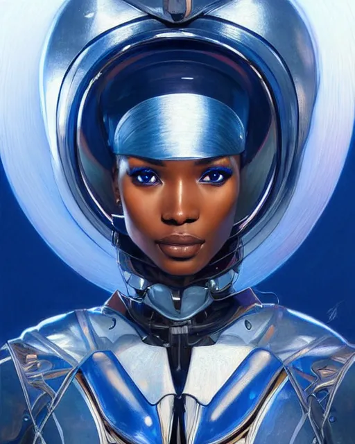 Image similar to Portrait of very very very very very very beautiful african woman, spacesuit, futuristic cybernetic helmet, blue eyes, real life skin, intricate, elegant, highly detailed, artstation, concept art, smooth, sharp focus, art by artgerm and greg rutkowski and alphonse mucha