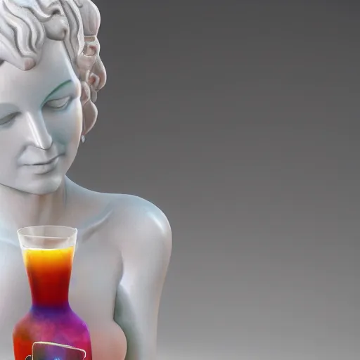 Prompt: close - up of white reneissance statue holding a coctail, colorful coctail, digital painting, 3 d render