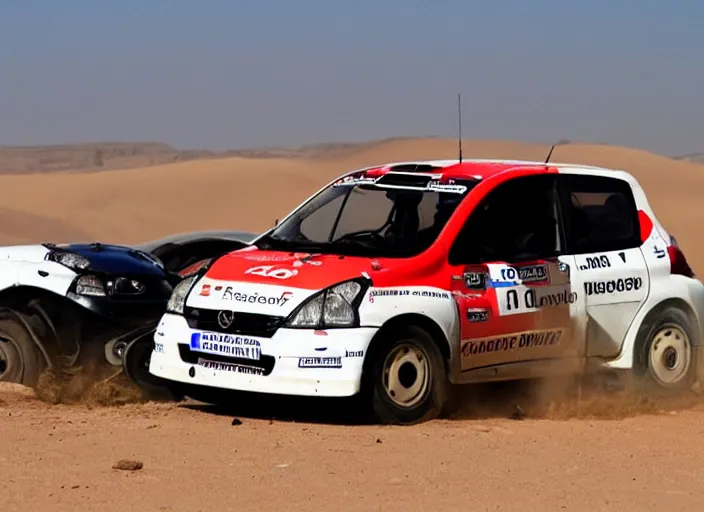 Image similar to a familj car nissan micra broke down in the desert during paris dacar rally