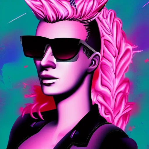 Prompt: A pink unicorn with a mohawk and sunglasses, synthwave style, portrait, trending on artstation, detailed, award winning