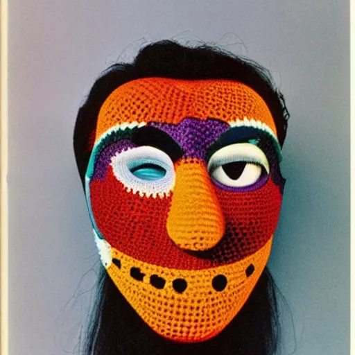 Image similar to multicolored crocheted halloween mask, 1 9 8 0 s catalogue photo