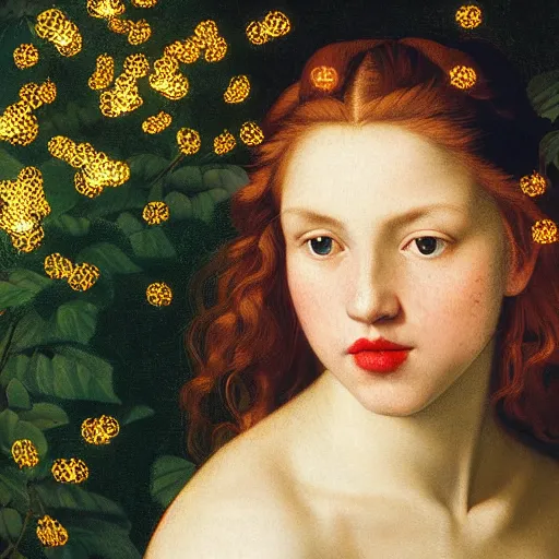 Image similar to portrait of a young woman, among the lights of golden fireflies and nature, long loose red hair, intricate details, green eyes, hint of freckles, round gentle face, happy cheeky smile with red lips, deep focus, smooth, sharp, golden ratio, hyper realistic art by artemisia lomi gentileschi and caravaggio and artgerm