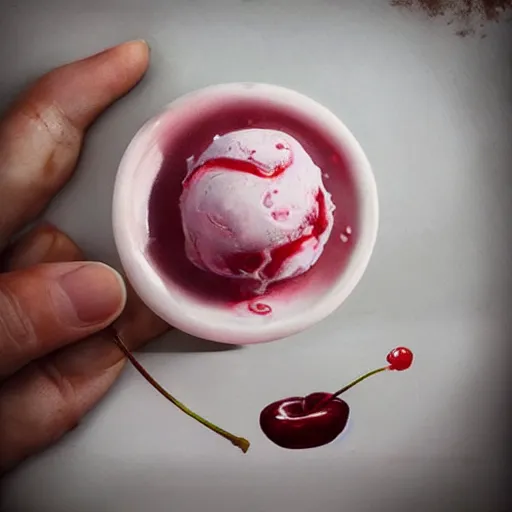 Image similar to beautiful susu cherry crush ice cream melt with a cherry on top, painted by greg rutkowski