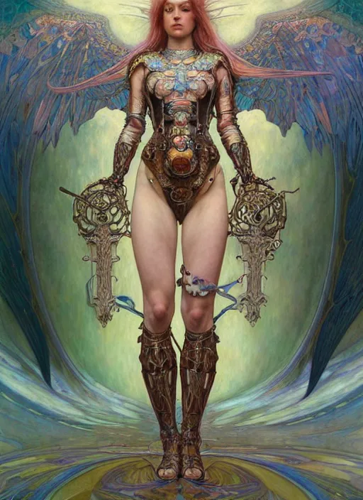 Image similar to hyper detailed masterpiece evil angel girl warrior by donato giancola and tom bagshaw, face by artgerm and edmund leighton, and alphonse mucha, trending on artstation, colorful, psychedelic aesthetic, ornate, background by gustav klimt, 8 k, biomechanical, majestic, volumetric lighting, porcelain skin, concept art, sharp focus