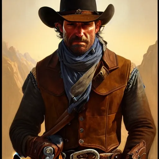 Image similar to portrait of Arthur Morgan, cowboy, hands, muscular, upper body, D&D, fantasy, wild west, old west, intricate, elegant, highly detailed, digital painting, artstation, concept art, smooth, sharp focus, illustration, art by Artgerm and Greg Rutkowski and Alphonse Mucha