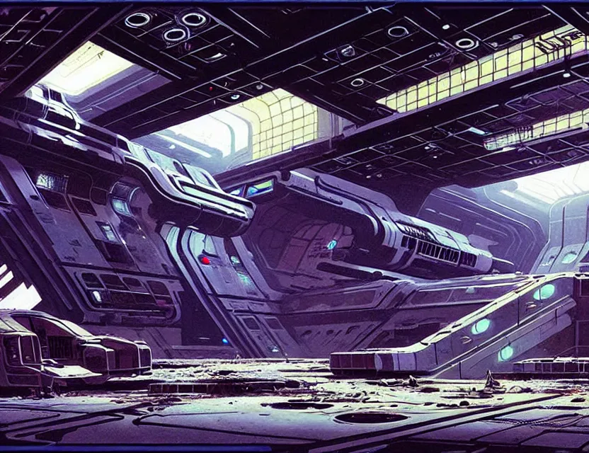 Image similar to concept art of an abandoned space station, by syd mead, cyberpunk, derelict, ancient, intricate details, cinematic, epic