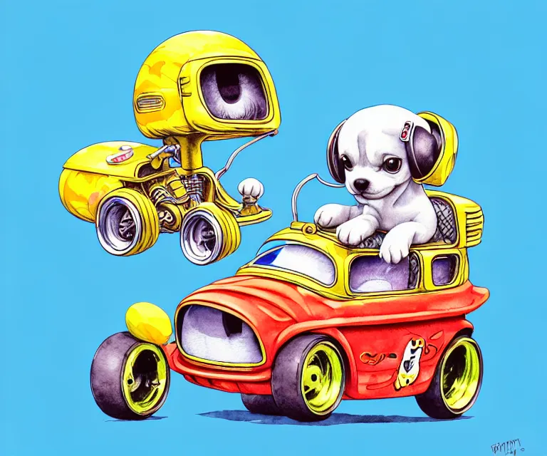 Image similar to cute and funny, puppy wearing a helmet riding in a tiny hot rod with an oversized engine, ratfink style by ed roth, centered award winning watercolor pen illustration, isometric illustration by chihiro iwasaki, edited by range murata, tiny details by artgerm and watercolor girl, symmetrically isometrically centered, sharply focused