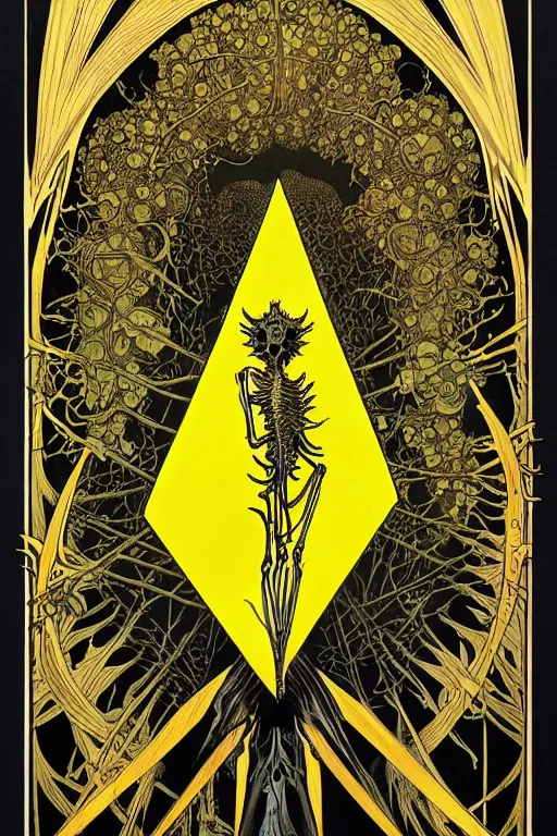 Image similar to black and yellow flat color risoprint, alphonse mucha, richard corben, wayne barlowe, moebius, heavy metal comic cover art, psychedelic triangular skeletal calcification fungus lich in darkiron spike armor, full body, hollow eyes, symmetrical face, long black crown, in a dungeon background, moody dark colors