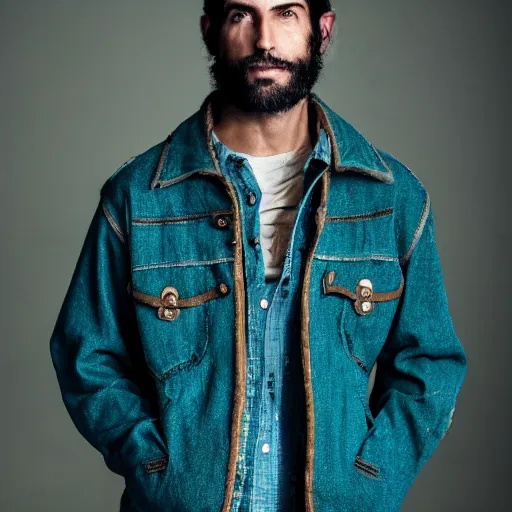 Prompt: an award - winning closeup photo of a male model wearing a baggy teal distressed medieval cloth menswear jacket by marc jacobs, 4 k, studio lighting, wide angle lens