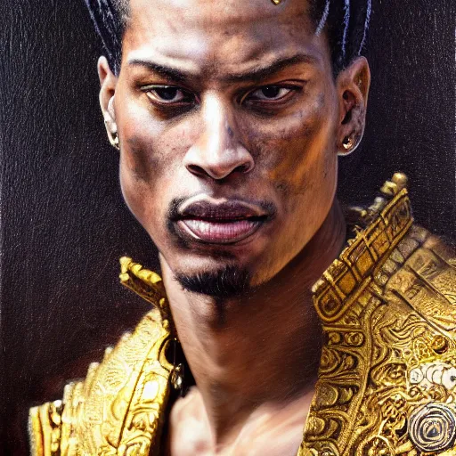 Image similar to highly detailed oil painting | very intricate | cinematic lighting | award - winning | travis scott as the mayan samurai in full armor | by roberto ferri, by tom bagshaw, by j. c. leyendecker and klimt, beautiful cinematic light, american romanticism, by austin osman spare, artstation, cgsociety, official art, octane