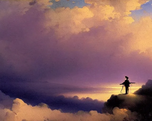 Image similar to A slightly silhouetted figure of a man with a guitar, clouds that look like mountains the clouds are a deep blue purple color with the sun blazing behind the clouds, art by Ivan Aivazovsky