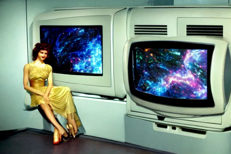 Image similar to beautiful woman robot sitting inside of a galaxy fridge, from 1985, bathed in the glow of a crt television, crt screens in background, low-light photograph, in style of