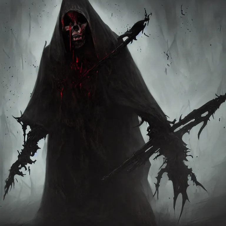 Image similar to grim reaper, demons of hell, haunted spooky foggy graveyard, headshot photo, character concept, dark souls concept art, Feng Zhu concept art, dramatic lighting, highly stylized, trending on artstation, high-quality wallpaper, desktopography