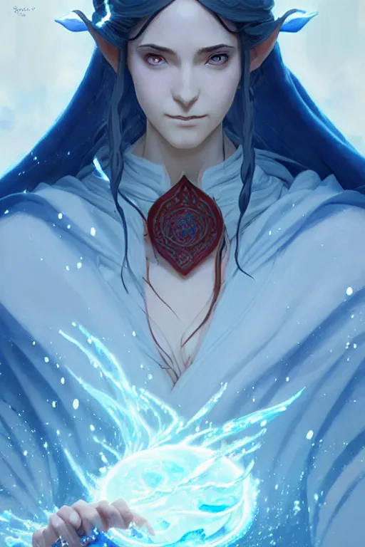 Image similar to elvish female sorcerer doing water magic spells, blue robes, red hair, finely detailed perfect face, exquisite details, mid view, design on a white background, by studio muti, greg rutkowski makoto shinkai takashi takeuchi studio ghibli