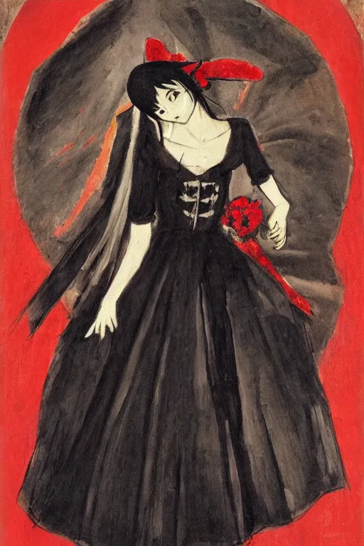 Image similar to A very soft and dark haunting oil painting of Hatsune Miku in a black ornate wedding dress, scarlet background, by Oskar Kokoschka, ethereal, evil presence, haunted painting