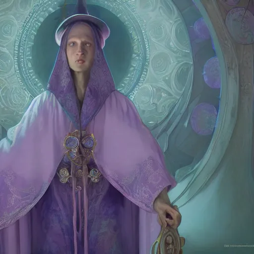 Image similar to highly detailed stunning image of a purple robe wizard full body in mucha style, 3 d render by andrei riabovitchev, shaun tan and peter mohrbacher octane render. hyper realistic. soft illumination. artstation