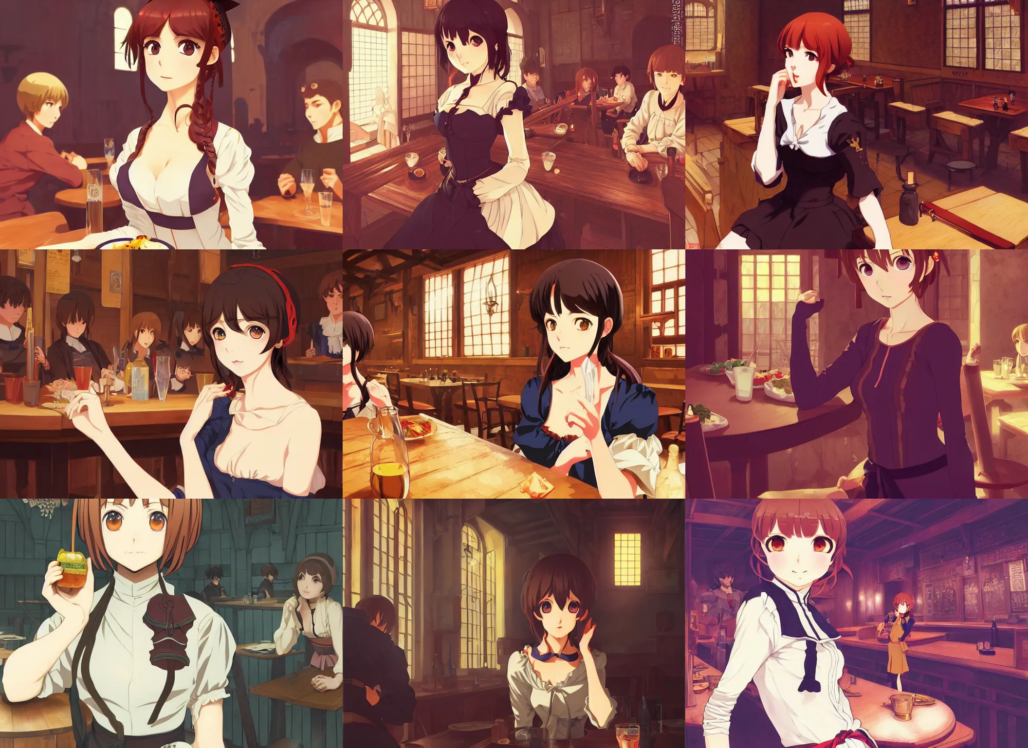 Prompt: anime visual, portrait of a young female in a busy medieval tavern interior, cute face by ilya kuvshinov, yoh yoshinari, makoto shinkai, dynamic pose, dynamic perspective, cel shaded, flat cel shading mucha, rounded eyes, moody, dramatic