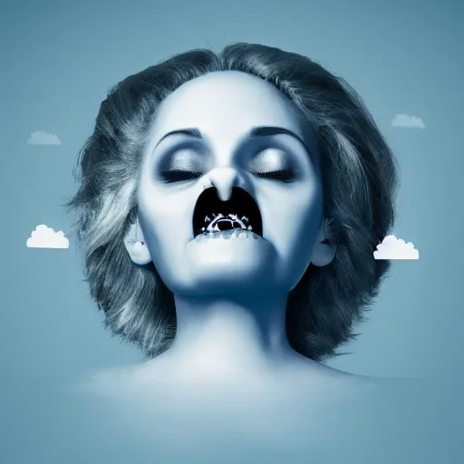 Image similar to clouds shaped like a vampire womans face with an ear-to-ear mouth, pointy teeth, nightime, blue pallete, an old suburban house, 4k