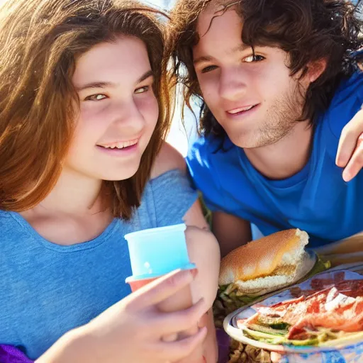 Prompt: a teenage girl and teenage boy having a picnic at the beach. Blue sky. Detailed faces, detailed body. Photo 4K.