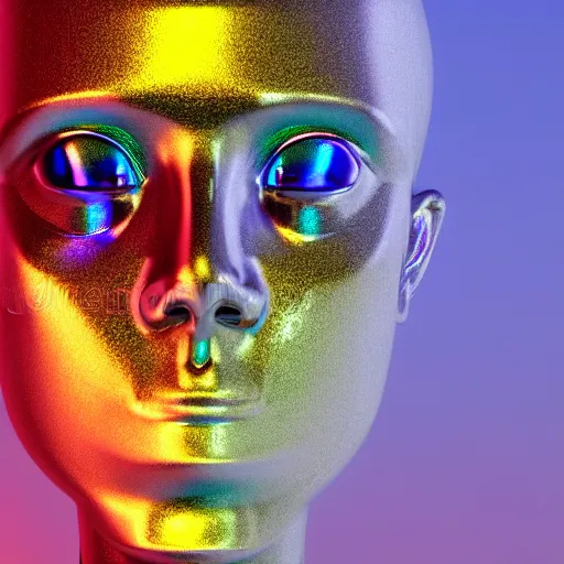 Image similar to 3d render of holographic human robotic head made of glossy iridescent, surrealistic 3d illustration of a human face non-binary, non binary model, 3d model human, cryengine, made of holographic texture, holographic material, holographic rainbow, concept of cyborg and artificial intelligence