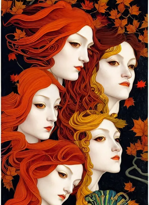 Prompt: 3 Autumn Muses symbolically representing September, October, and November, in a style blending Æon Flux, Peter Chung, Shepard Fairey, Botticelli, Ivan Bilibin, and John Singer Sargent, inspired by pre-raphaelite paintings, shoujo manga, and cool Japanese street fashion, dramatic autumn landscape, leaves falling, deep vivid warm tones, hyper detailed, super fine inking lines, ethereal and otherworldly, 4K extremely photorealistic, Arnold render