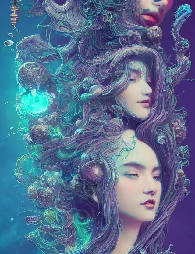 Image similar to goddess macro vintage shouler portrait from bottom to top in crown made of ram skull. betta fish, jellyfish phoenix, bioluminiscent, plasma, ice, water, wind, creature, super intricate ornaments artwork by tooth wu and wlop and beeple and greg rutkowski and alexander fedosav