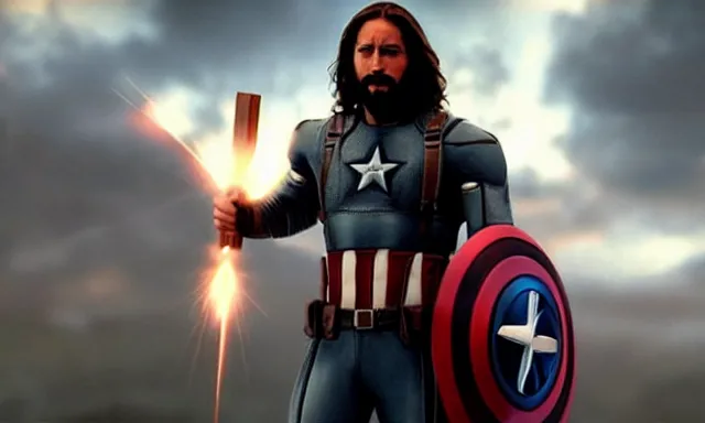 Image similar to jesus christ fighting alongside the avengers, using his cross as weapon, photorealistic, cinematic lighting, extremely detailed, marvel cinematic universe