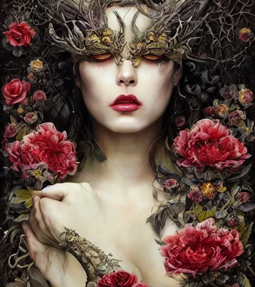 Image similar to portrait of the supreme queen of the blood cult, surrounded by skulls and overgrowth and dark flowers by karol bak, Akihiko Yoshida, Yoshitaka Amano,Marc Simonetti, WLOP, James Jean!, tom bagshaw, rococo, trending on artstation, fantasy magic fashion queen, glossy eyes, face, elegant, highly detailed, digital painting, concept art, smooth, sharp focus, illustration, cinematic lighting, hyper realism, octane render, 8k, hyper detailed.