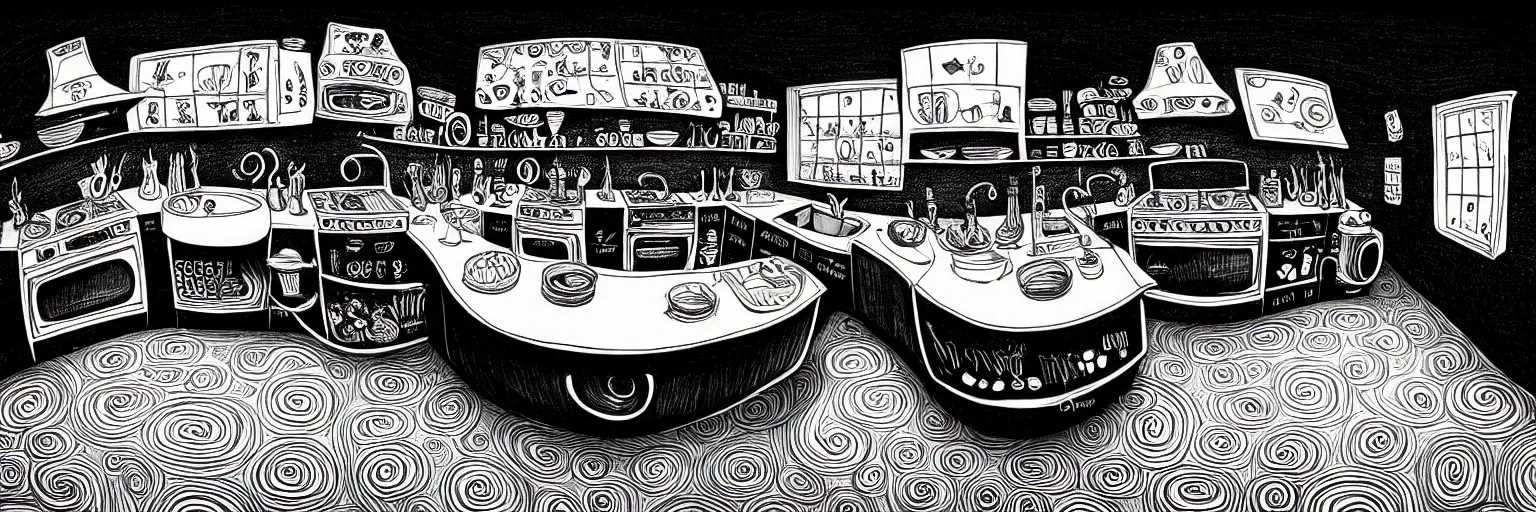 Prompt: dark palette emo black, fisheye spiral lines, naive, extra narrow, detailed illustration of a kitchen, large floor, octopus shaped by rhads from lorax movie