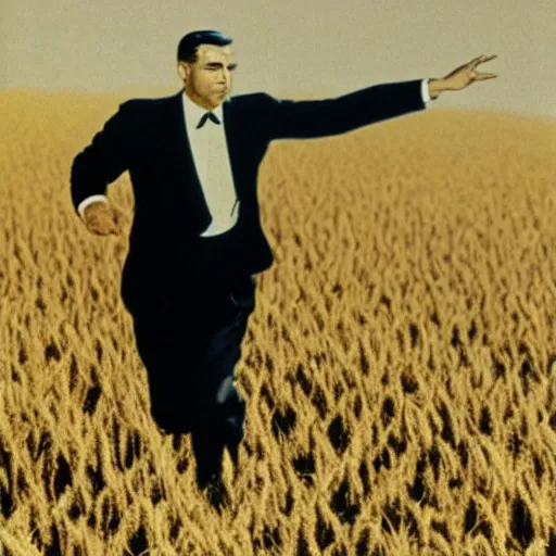 Prompt: cary grant as roger o. thornhill from north by northwest running from a flying biplane in a wheat field. cinematic, 5 0 mm, highly detailed, highly intricate, composite lighting, with a close up on cary grant face