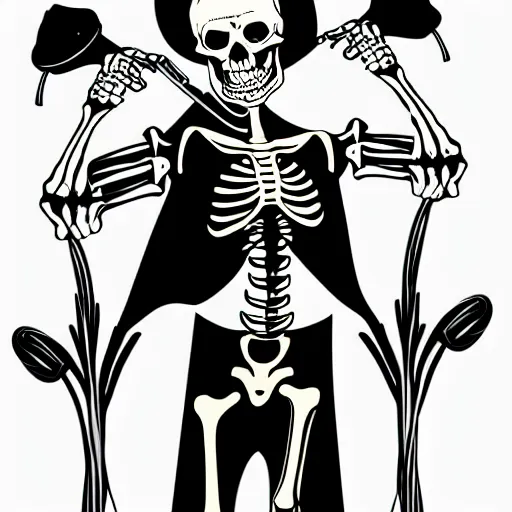 Image similar to a skeleton drinking beer in a medieval tavern, black and white vector art
