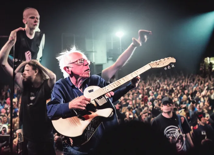Image similar to publicity photo still of bernie sanders in a punk band playing live on stage, 8 k, live concert lighting, mid shot