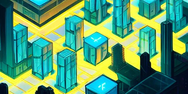 Image similar to large glowing cubes floating in the middle of a cyberpunk tokyo 2 0 9 9 city, in the art style of dan mumford and marc simonetii, atmospheric lighting, intricate, volumetric lighting, beautiful, sharp focus, ultra detailed