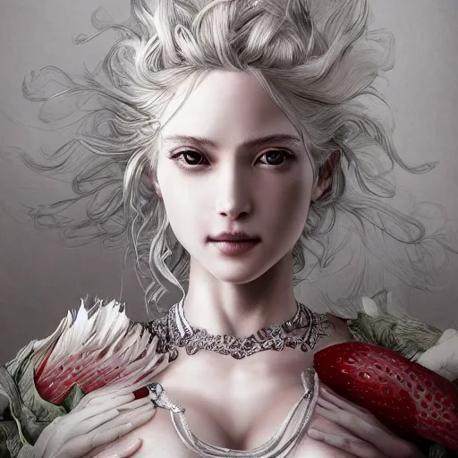 Prompt: the portrait of an absurdly beautiful, graceful, elegant, sophisticated, young gravure idol made of strawberries and white long hair, an ultrafine hyperdetailed illustration by kim jung gi, irakli nadar, detailed face, intricate linework, bright colors, octopath traveler, final fantasy, unreal engine highly rendered, global illumination, radiant light, intricate environment