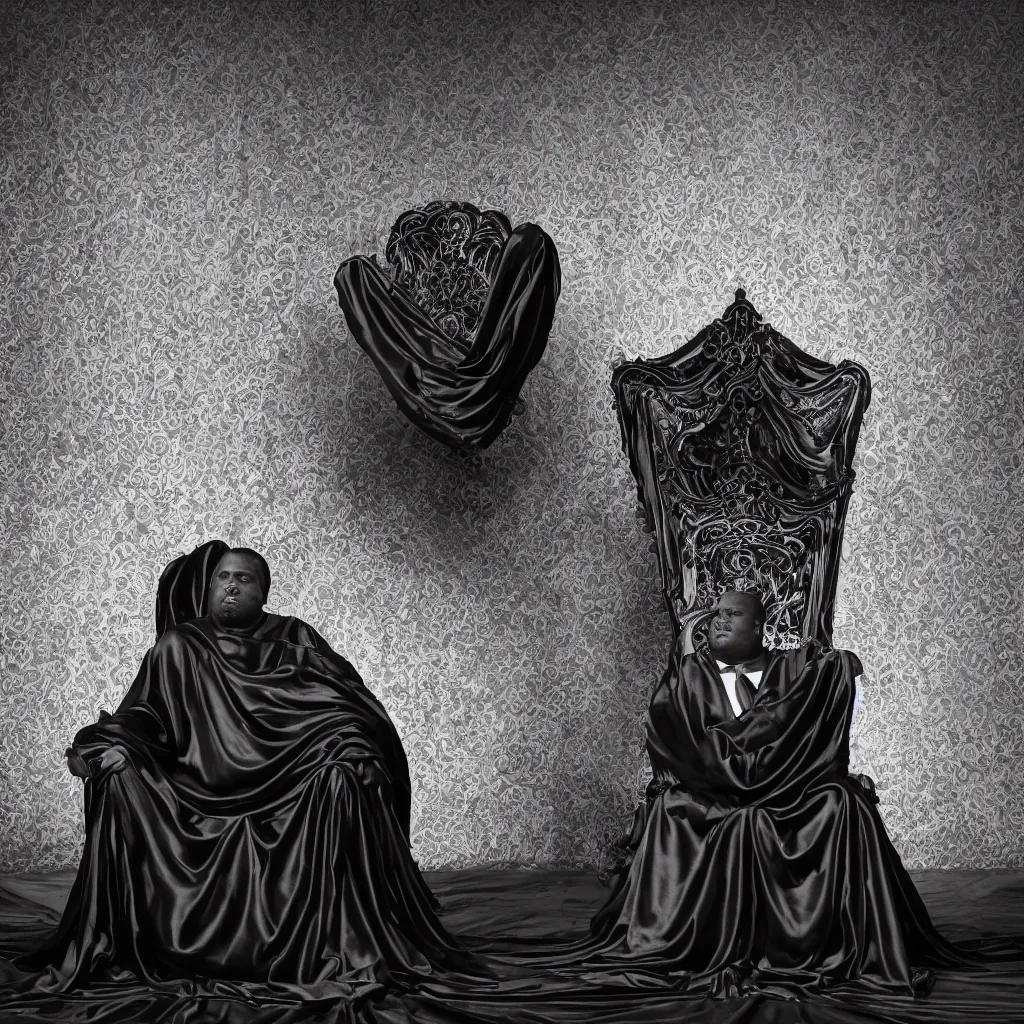 Prompt: one Large black man sitting on throne wrapped in silk, background made of large folding silky curtains, dark, 8K photo realistic, black and white color, dimly lit, top light, dark