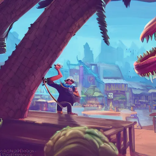 Image similar to raucous laughing crocodile bandit at a bar, overwatch, studio ghibli, ultra detailed, digital painting, trending on artstation, colorful, cinematic, concept art