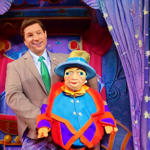 Image similar to a six year old child puppet in the its a small world ride in real life that looks exactly like ron desantis the governor of florida, highly detailed, high definition, ultra realistic