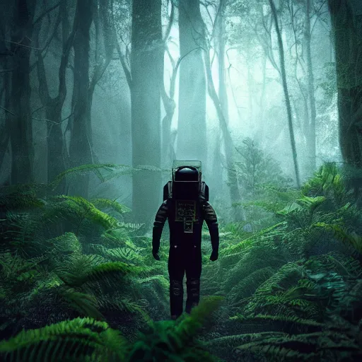 Prompt: An astronaut promethus walking in an overgrown fern forest plants environment low cinematic lighting atmospheric realistic octane render highly detailed in the style of mullins a very dark and deep forest inside of tropical rain forest very dark spooky nightime lighting, photography